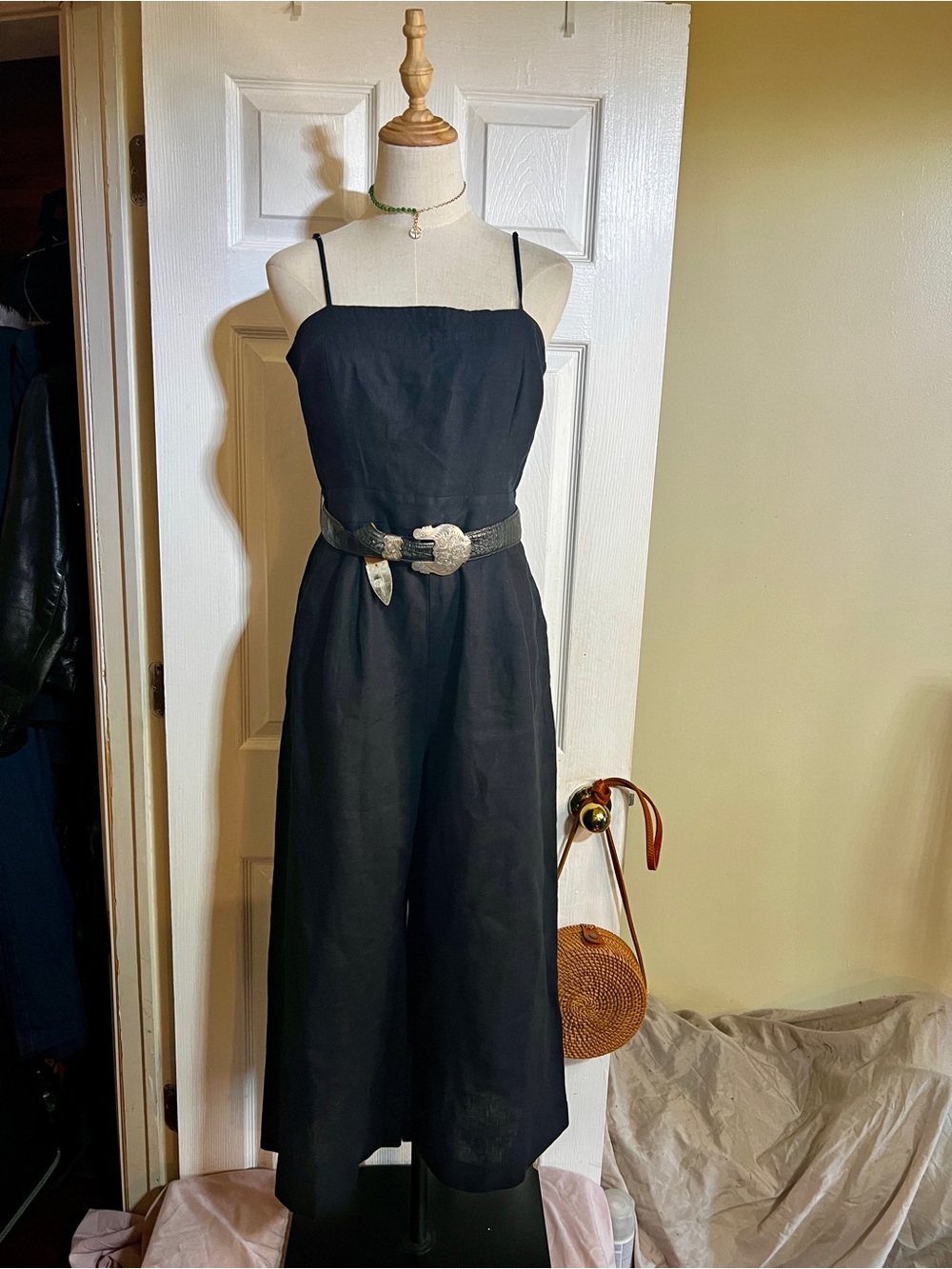 J Crew Wms Black Linen Pleated Wide Leg Crop Boho Casual Minimalist Jumpsuit 6